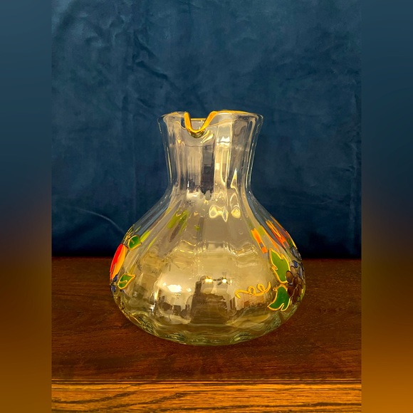 Vtg Handcrafted Lead Crystal Romanian Pitcher Raised Painted Detail Fruit Theme - Picture 7 of 9